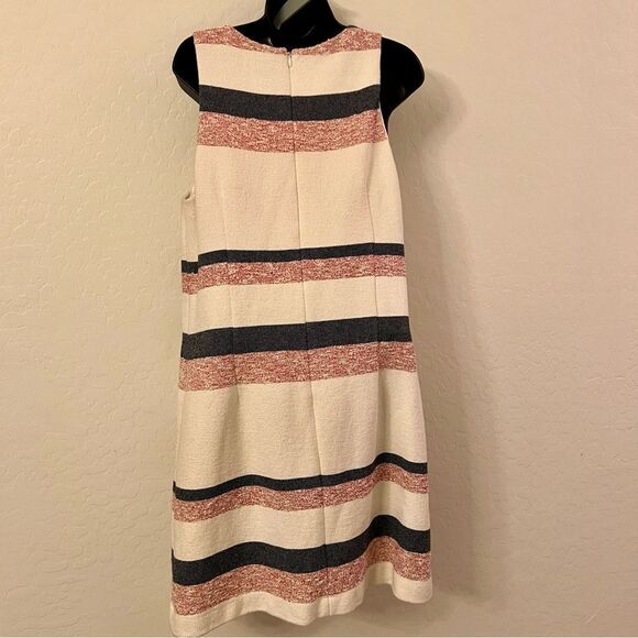 Ann Taylor Boucle Shift Dress Cream Blue Red Stripe Sleeveless Classic 10 - Picture 6 of 8
